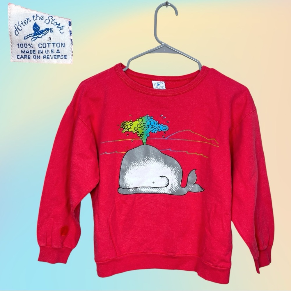 Vintage After The Stork Red 100% Cotton Whale Graphic Pullover Sweater Sz 10